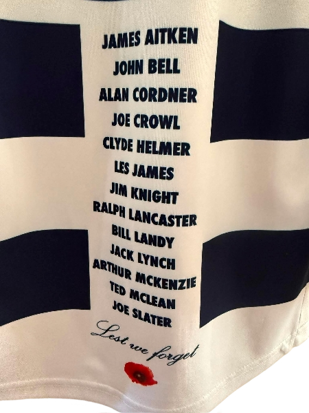 Long sleeve Geelong Cats 2023 AFL ANZAC Player Issue jersey by Cotton On, featuring team logo and official design details.