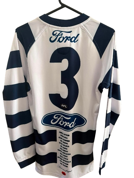 Long sleeve Geelong Cats 2023 AFL ANZAC player issue jersey by Cotton On, featuring team logo and official design.