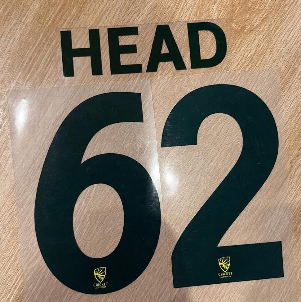 Cricket Australia Travis Head heat press name and number set for adult jerseys, featuring official team branding.
