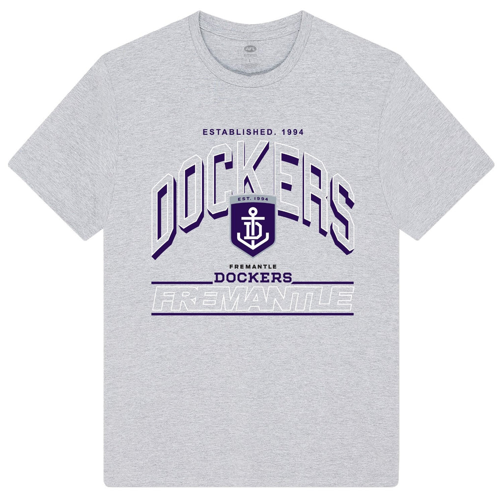 Mitchell & Ness Fremantle Dockers AFL Arch Stack T-shirt featuring team logo and design on a casual tee.